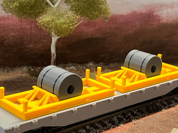 N scale spool carrier frames, yellow, model railway wagon load