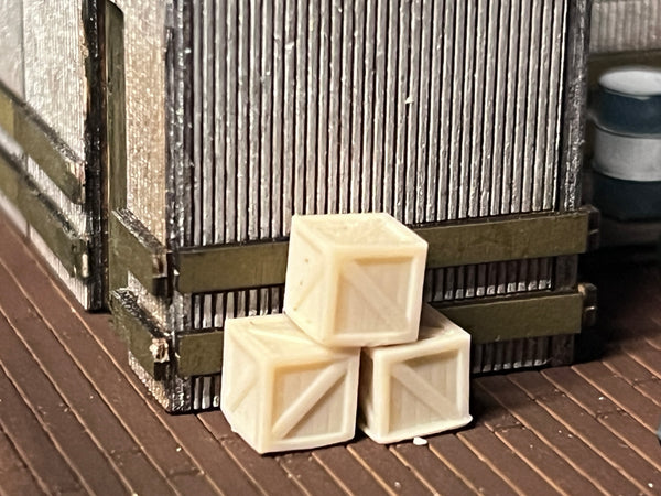 HO scale wooden shipping crates, pack of 6, unpainted model railway scenery