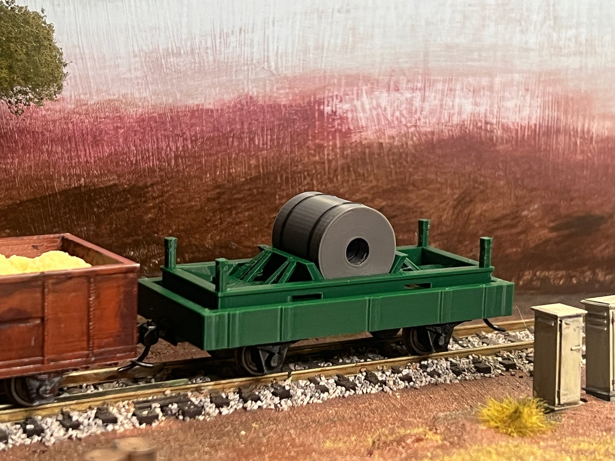 Spool carriers and spool carrier frames, model railway wagon load